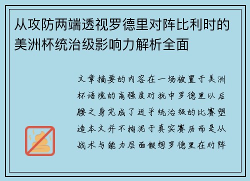 从攻防两端透视罗德里对阵比利时的美洲杯统治级影响力解析全面
