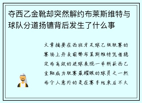 夺西乙金靴却突然解约布莱斯维特与球队分道扬镳背后发生了什么事